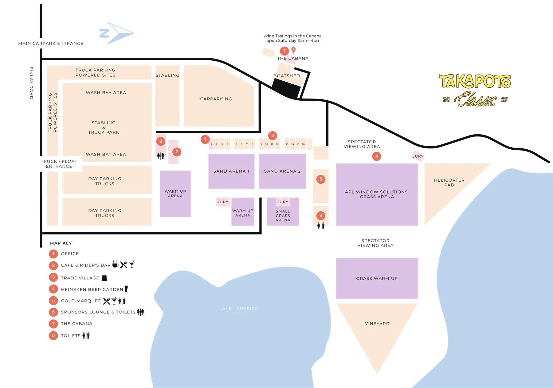Map of the Takapoto Classic showgrounds: main carpark and truck entrances off Finlay Road, stabling and truck parking, Sand Arena 1 and 2, the APL Window Solutions Grass Arena, warm-up arenas, Trade Village, Gold Marquee, Heineken Beer Garden, Boatshed and Cabana, with Lake Karapiro below