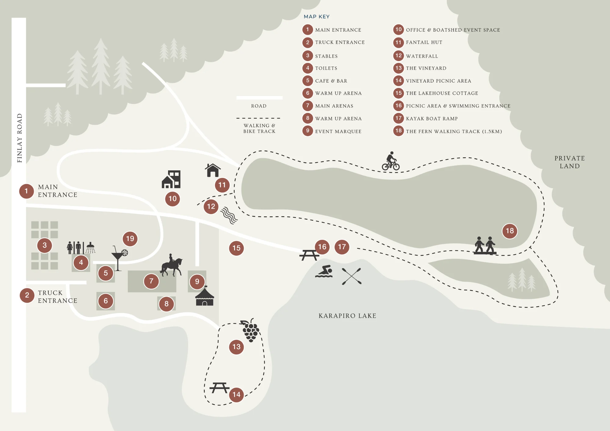 Map of Takapoto Estate showing arenas, stables, cafe, bar, lake, walking and bike track, and entrances